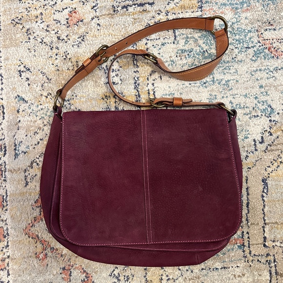 Rare Coach crossbody messenger bag purple nubuck leather w/camel leather strap - Picture 1 of 12